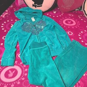 Girls Y2K Velour Tracksuit Sequin Heart Zip Hoodie Design